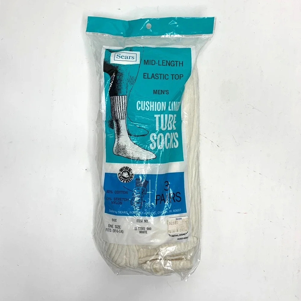 Vintage Sears Mid-Length Cushion Lined Tube Socks 3 Pack White 9.5 -14‎